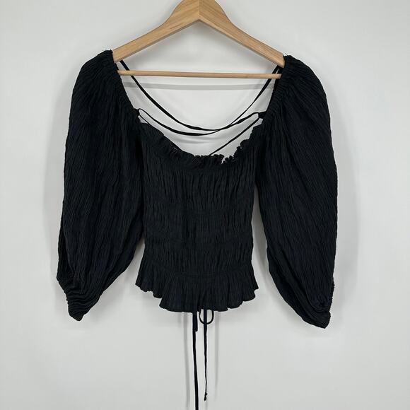 Urban Outfitters Vida Lace Up Smocked Top Ruffle Balloon Sleeve Backless Blouse - Picture 7 of 11